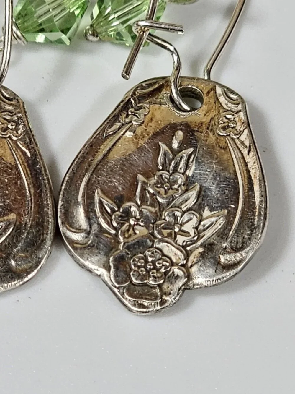 Silver Floral Spoon Handle Earrings with Green Crystal Beads Dangle Drop VTG - Picture 3 of 8
